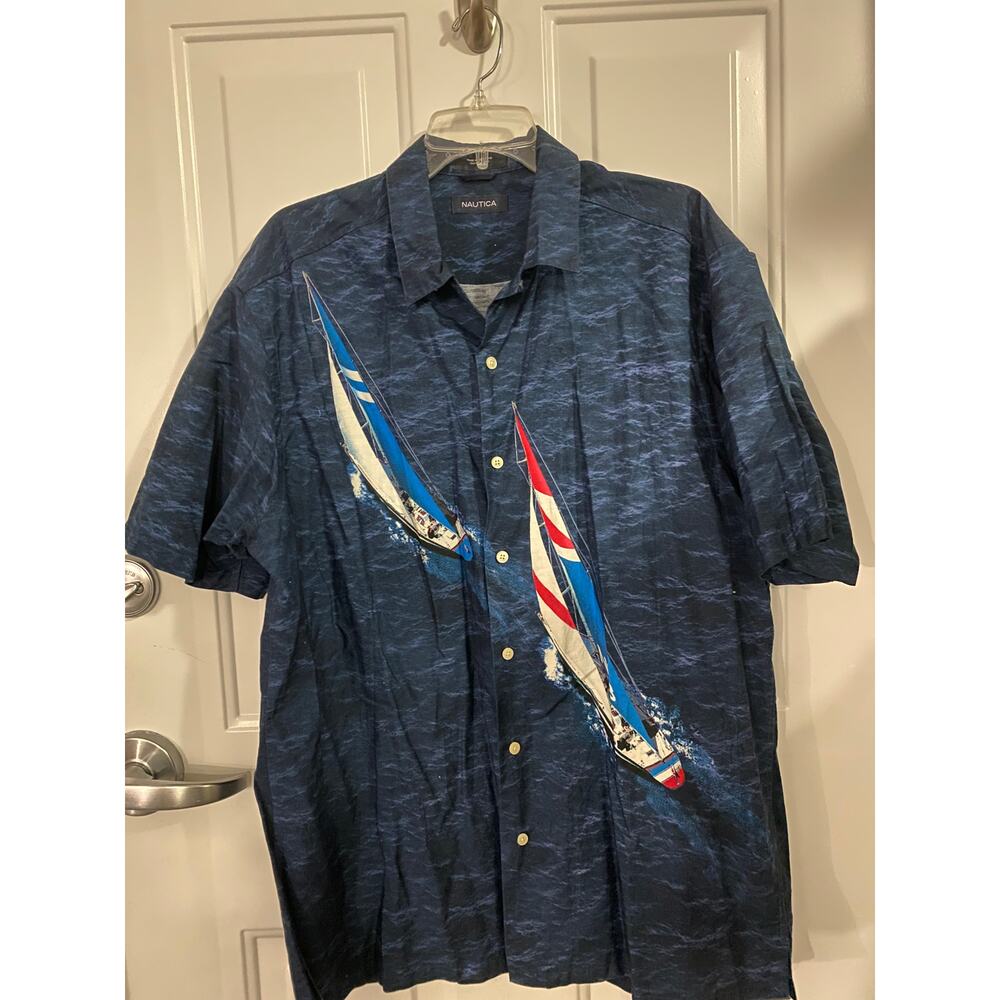 Nautica Shirt Men's Large L Short Sleeved Sail Boats Yacht Vintage Topsail